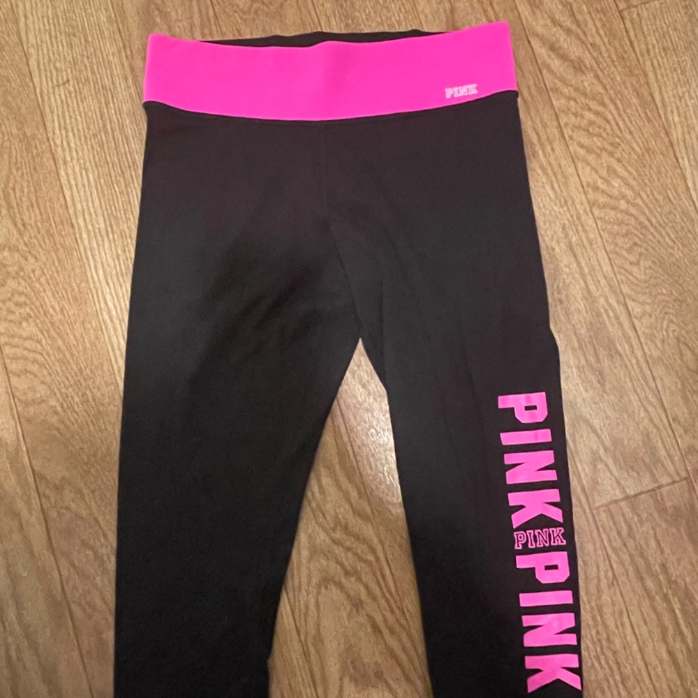 PINK Victoria's Secret Black Leggings with Hot Pink Logo